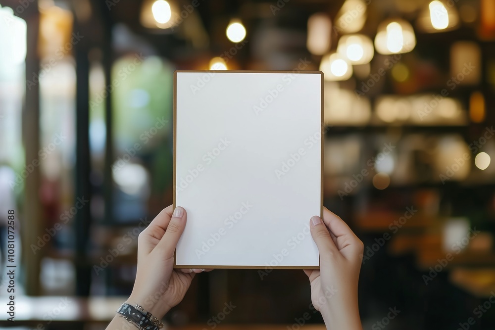 Female hands with blank menu on blurred cafe interior Female hands with blank menu on blurred cafe interior