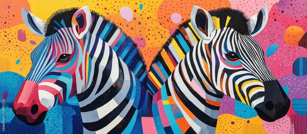 Two colorful zebras with geometric stripes on a vibrant background. Two colorful zebras with geometric stripes on a vibrant background.