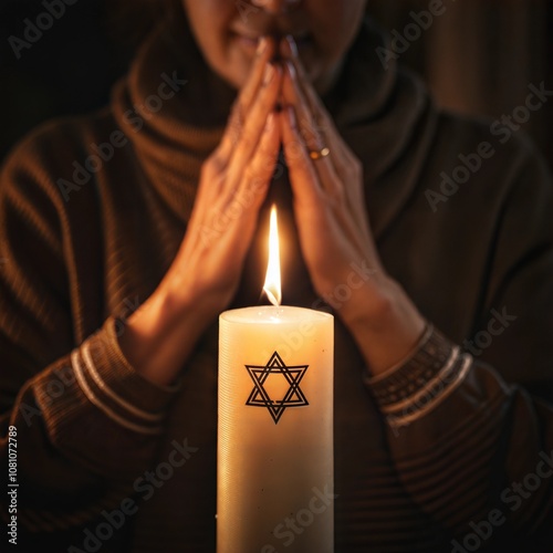 Woman praying with Star of David candle in dim light photo