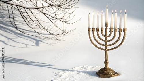 Hanukkah menorah with candles in snow with tree branch shadow photo