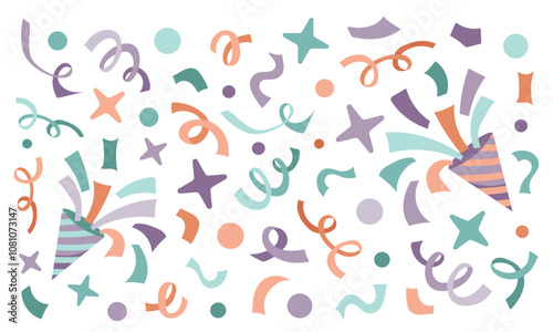 Set of confetti and party popper elements. Flat vector design festive clipart on white background.