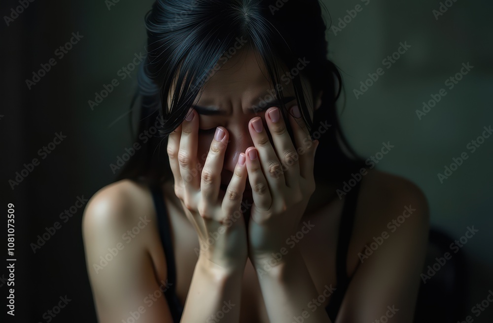 Close-up young asian woman crying, covering her face with hands, prevent gender-based violence and abuse concept Close-up young asian woman crying, covering her face with hands, prevent gender-based violence and abuse concept
