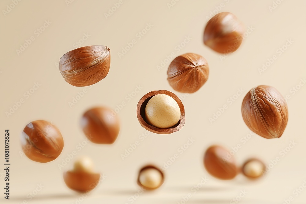 Group of nuts macadamia falling into the air