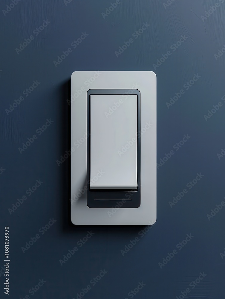 A white light switch on a dark blue wall. A white light switch on a dark blue wall.