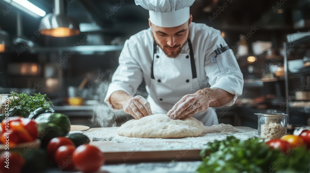In a dimly lit kitchen, a chef in a crisp white uniform shows precision and skill as he kneads dough, surrounded by scattered flour and fresh ingredients. In a dimly lit kitchen, a chef in a crisp white uniform shows precision and skill as he kneads dough, surrounded by scattered flour and fresh ingredients.