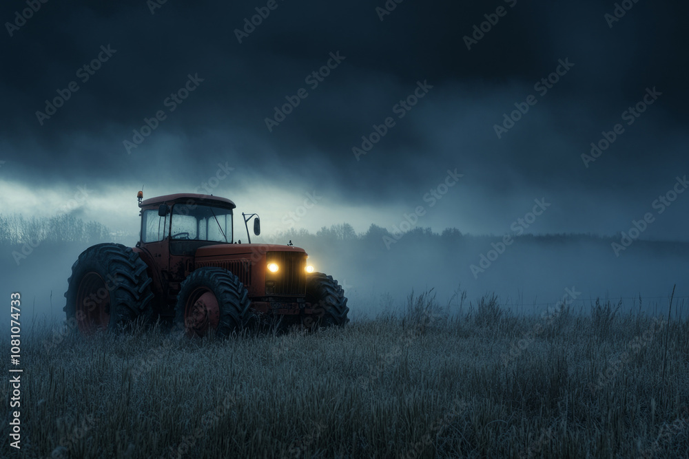 Fototapeta premium Red tractor with headlights on standing in a misty field at night, creating a dramatic and evocative scene