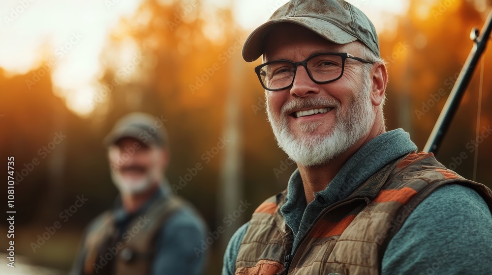 Two content fishermen, smiling warmly, enjoy a serene fishing trip by the lakeside, surrounded by nature's tranquility and the beauty of autumn foliage. Two content fishermen, smiling warmly, enjoy a serene fishing trip by the lakeside, surrounded by nature's tranquility and the beauty of autumn foliage.