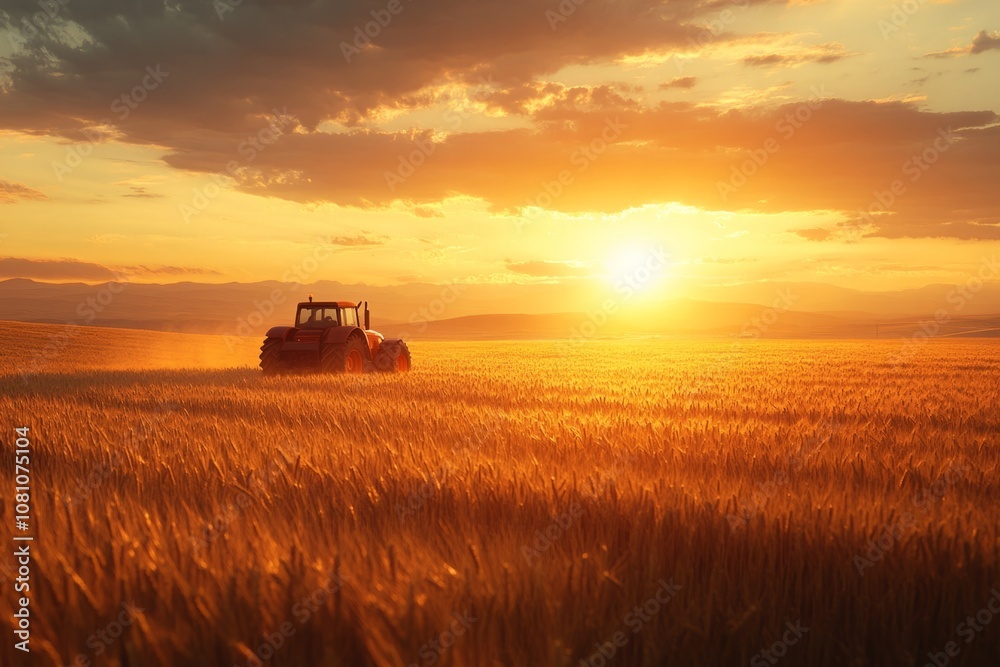 Fototapeta premium Tractor working on a wheat field during a beautiful golden sunset, representing agriculture and farming