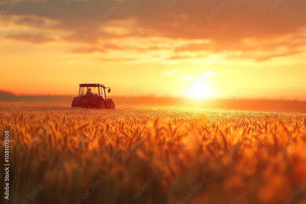 Tractor working during a beautiful sunset on a wheat field, creating a warm and vibrant agricultural scene