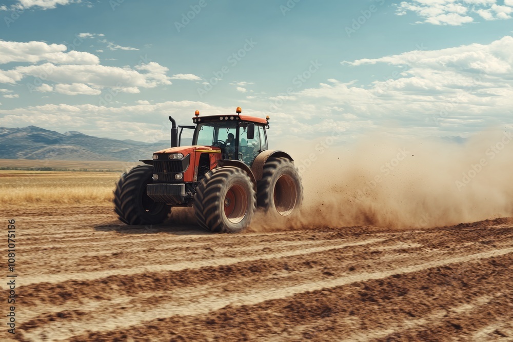 Fototapeta premium Farmer plowing field with red tractor, creating dust cloud on sunny day with mountains in background