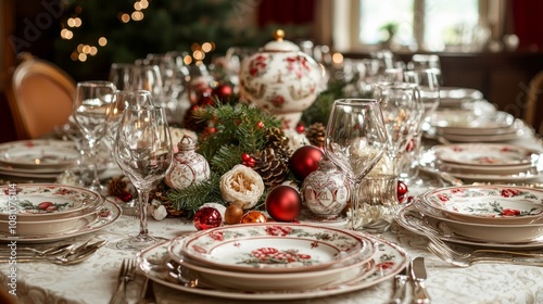 beautifully arranged table awaits guests St. Nicholas Day dinner featuring exquisite china sparkling glassware and festive decorations create warm atmosphere.