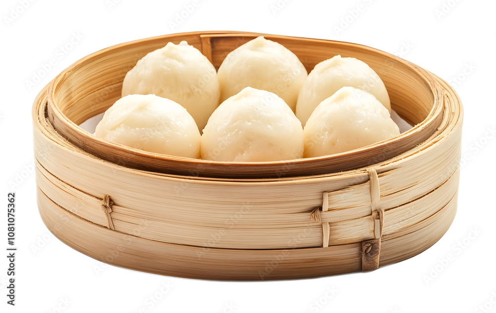 Steamed stuffed custard bun in a bamboo basket on a transparent background. isolated background. Steamed stuffed custard bun in a bamboo basket on a transparent background. isolated background.