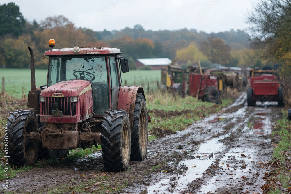 Red tractor towing agricultural machinery on muddy ground next to a farm in the countryside Red tractor towing agricultural machinery on muddy ground next to a farm in the countryside