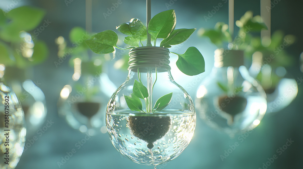 Renewable energy, like sunlight, is used to power the development of plants inside light bulbs with water. Renewable energy, like sunlight, is used to power the development of plants inside light bulbs with water.