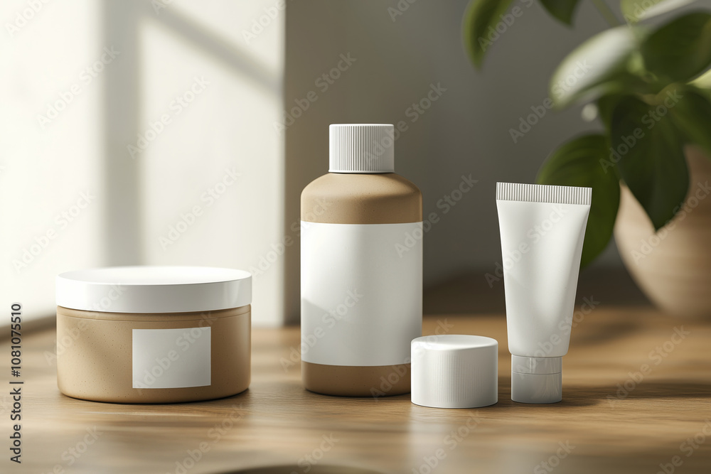 Product packaging mockups for a natural cosmetics line, Featuring eco friendly materials and minimalist design, Perfect for branding presentations Product packaging mockups for a natural cosmetics line, Featuring eco friendly materials and minimalist design, Perfect for branding presentations