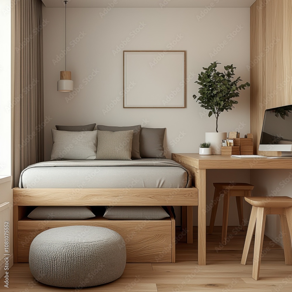 Bedroom interior decor space-saving Concept.A cozy, minimalist bedroom featuring a wooden bed, neutral tones, a small desk with a chair, and natural decor elements. Bedroom interior decor space-saving Concept.A cozy, minimalist bedroom featuring a wooden bed, neutral tones, a small desk with a chair, and natural decor elements.