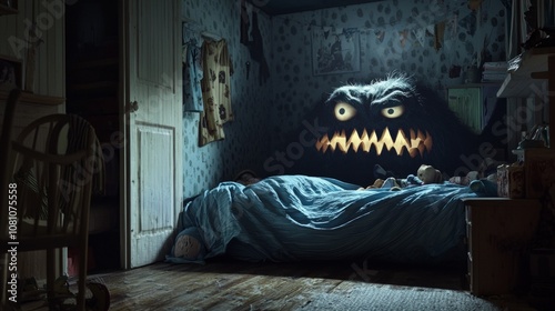 dimly lit children’s room monster glowing eyes and sharp teeth hides bed waiting surprise unsuspecting kids Halloween night.