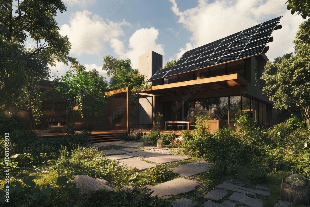 A modern house with solar panels ly integrated into the architecture, surrounded by lush greenery and a stone path leading to the entrance, showcasing sustainable living and harmony with nature.
