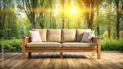 Comfortable sofa with morning sunlight filtering through the trees
