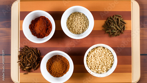 Overhead view of dried spices in bowls placed on breadboard photo