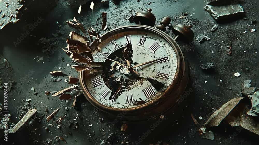 Concept of passing away, the clock breaks down into pieces