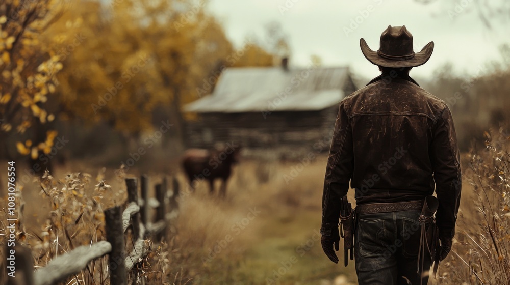 dreary autumn day cowboy walks rugged paths ranch feeling crisp air and observing golden leaves while horse grazes nearby. dreary autumn day cowboy walks rugged paths ranch feeling crisp air and observing golden leaves while horse grazes nearby.