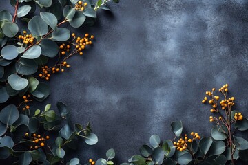 Eucalyptus leaves and golden berries form a natural border on a dark background, leaving space for text in the middle