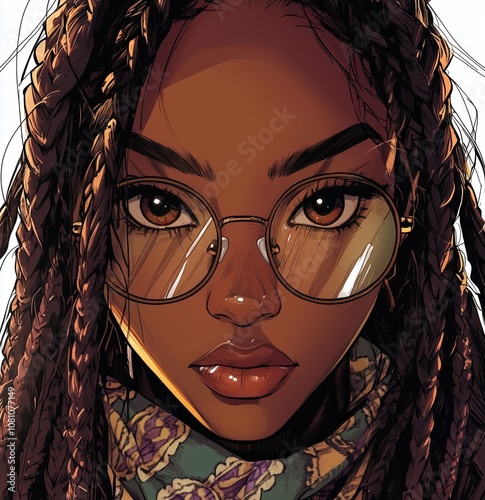 A close-up portrait of a Black woman with long braided hair and expressive brown eyes, wearing round glasses and a patterned scarf, in the style of an anime illustration