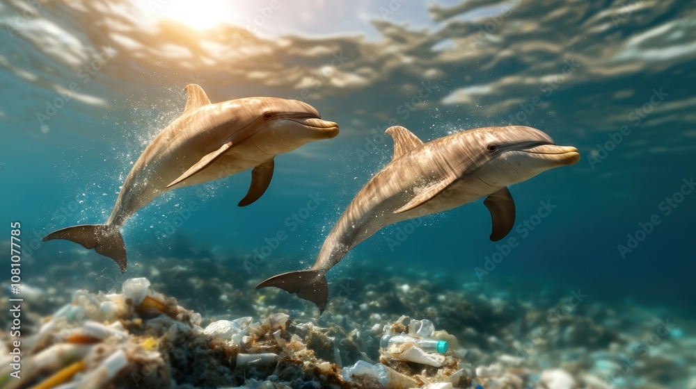 Fototapeta premium Two dolphins glide effortlessly side by side through the crystal-clear ocean water against a backdrop of sunlight, portraying harmony and companionship underwater.