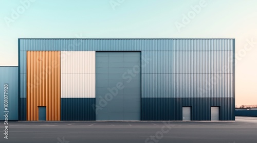 Modern industrial warehouse with multicolored metal facade panels, featuring blue, orange, and gray sections in a symmetrical design, large garage door and smaller side entrance doors.