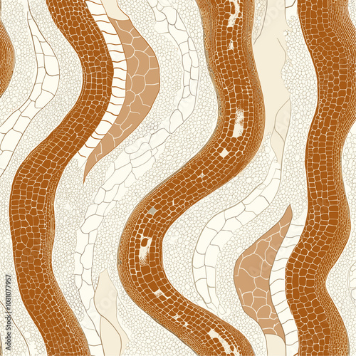 Trendy pattern of stripey snake skin in ivory and caramel, intricate line work for textile design, wallpaper, poster, vector illustration, background. photo