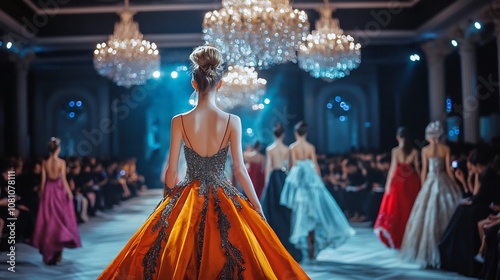Chic runway show featuring models in haute couture dresses and accessories showcasing the latest in fashion