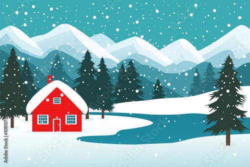 Winter red house on the shore of a mountain lake and forest. Beautiful landscape of house and forests, lake, magnificent mountains and hills in snowy weather. Christmas or New Year design.