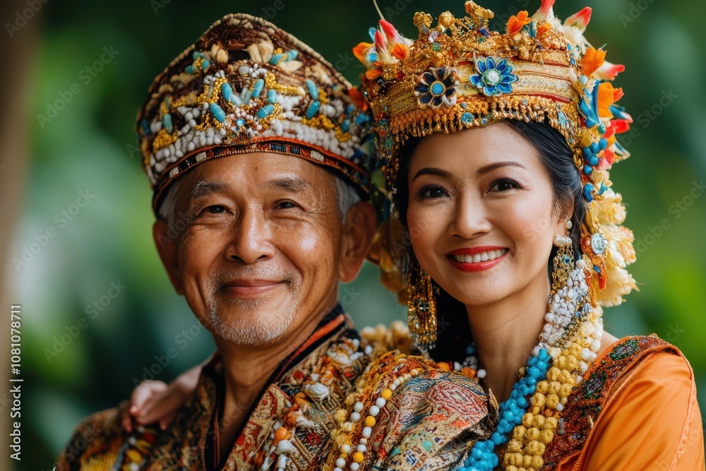 Traditional ceremonial attire worn by a couple during a cultural festival in a lush outdoor setting Traditional ceremonial attire worn by a couple during a cultural festival in a lush outdoor setting