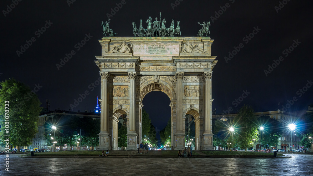 Arch of Peace in Simplon Square timelapse hyperlapse at night. It is a neoclassical triumph arch Arch of Peace in Simplon Square timelapse hyperlapse at night. It is a neoclassical triumph arch