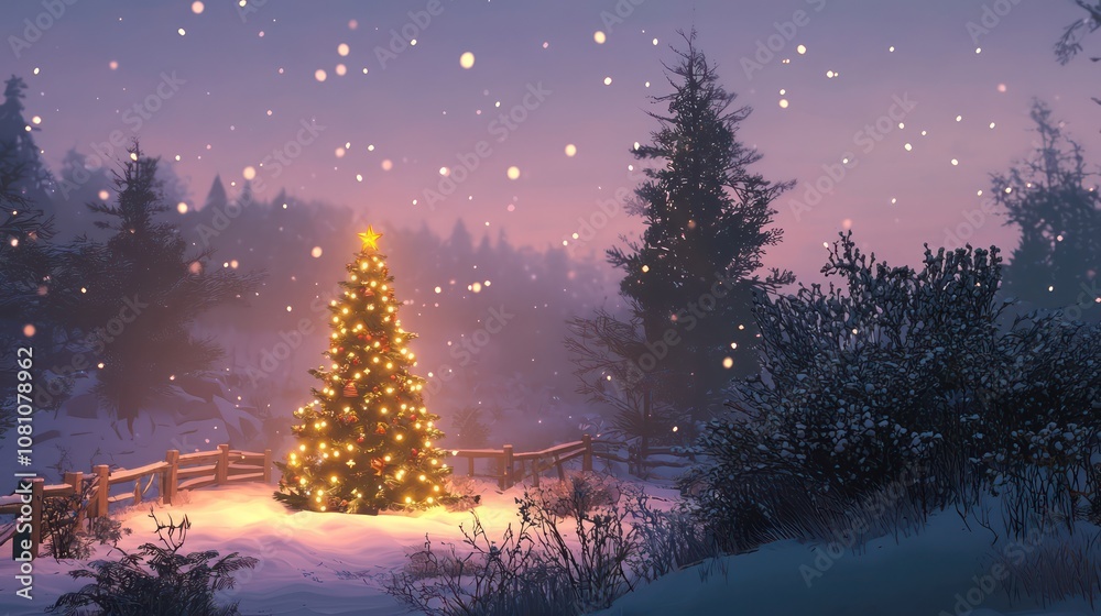 Christmas tree in a snowy setting at dusk with twinkling lights Christmas tree in a snowy setting at dusk with twinkling lights
