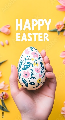 A hand holding an Easter egg on a yellow background with flowers