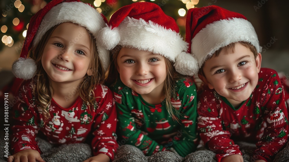 Family photo with kids in themed Christmas outfits and Santa hats Family photo with kids in themed Christmas outfits and Santa hats