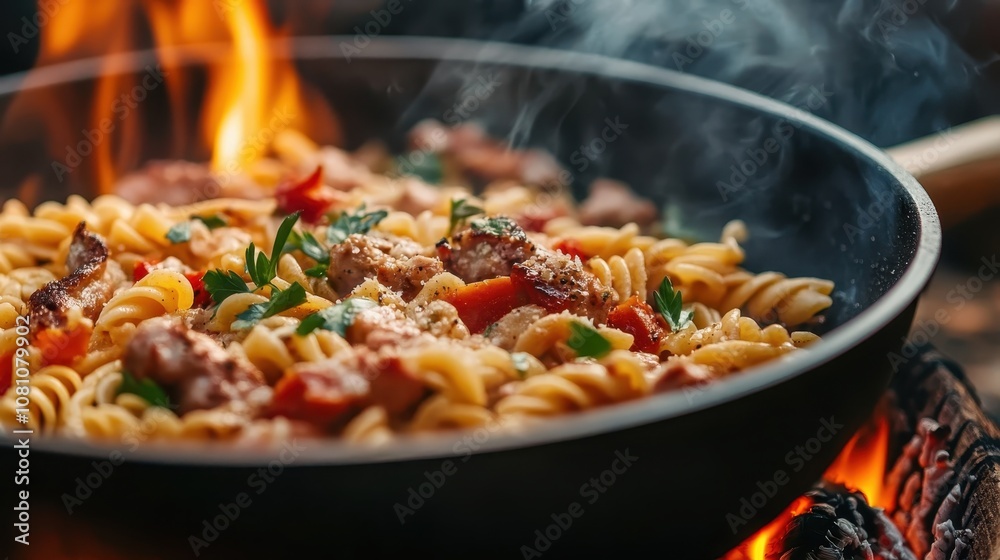 Fusilli pasta paired with succulent beef and aromatic herbs sizzles in a pan, creating a warm and inviting dining experience enriched with delightful flavors. Fusilli pasta paired with succulent beef and aromatic herbs sizzles in a pan, creating a warm and inviting dining experience enriched with delightful flavors.