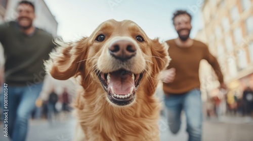 A happy golden retriever runs energetically towards the camera with two blurred figures in the background, capturing a moment of exuberance and joy in an urban setting. photo