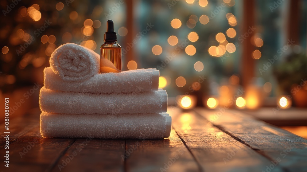 Obraz premium Spa towels and essential oils on rustic wooden table