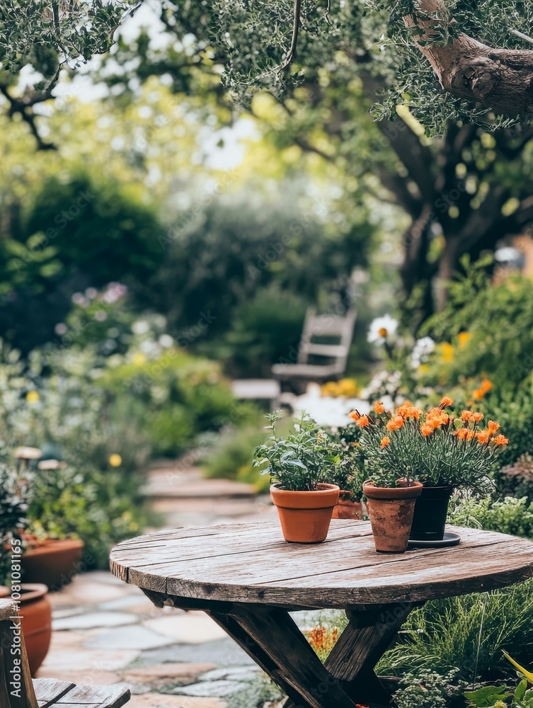 A serene garden scene featuring a wooden table in focus, surrounded by lush greenery and potted plants, inviting relaxation and tranquility. A serene garden scene featuring a wooden table in focus, surrounded by lush greenery and potted plants, inviting relaxation and tranquility.