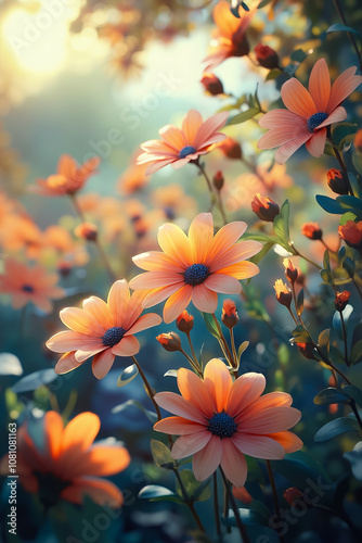 A bunch of orange flowers that are in the grass