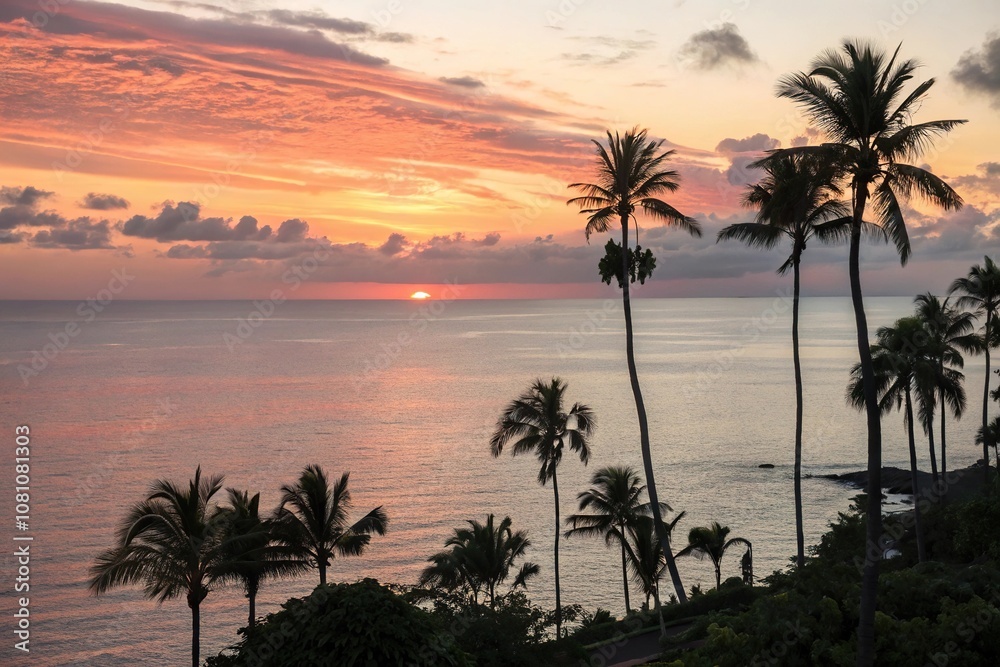 Sunset over the ocean with silhouetted palm trees, tropical landscape, beach scene Sunset over the ocean with silhouetted palm trees, tropical landscape, beach scene