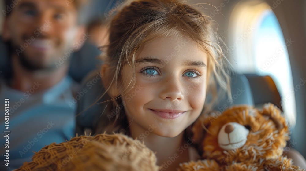 Naklejka premium A little girl with a soft toy sits on the passenger seat near the window in the plane
