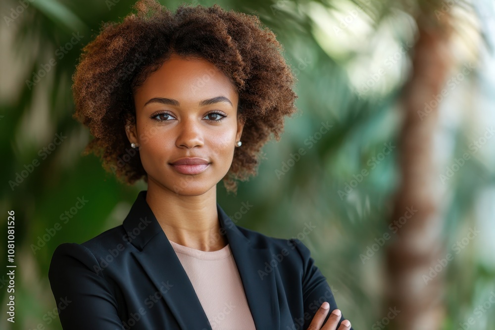 Confident young woman in a business suit posing in a green outdoor setting during daytime Confident young woman in a business suit posing in a green outdoor setting during daytime