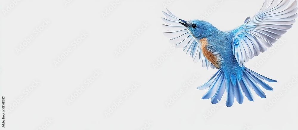 A vibrant bluebird in flight against a white background. A vibrant bluebird in flight against a white background.