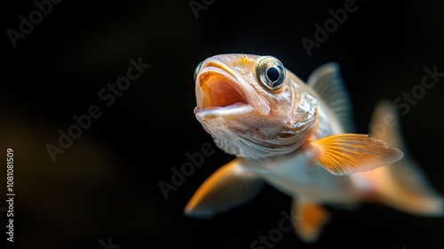 Close-up photo of a small fish with an open mouth, swimming in clear water, showing its delicate fins and vibrant scales, set against a dark background. photo