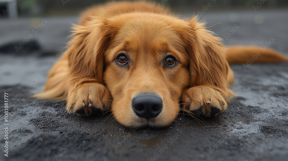 Sad golden retriever lying on dark soil outdoors. Sad golden retriever lying on dark soil outdoors.