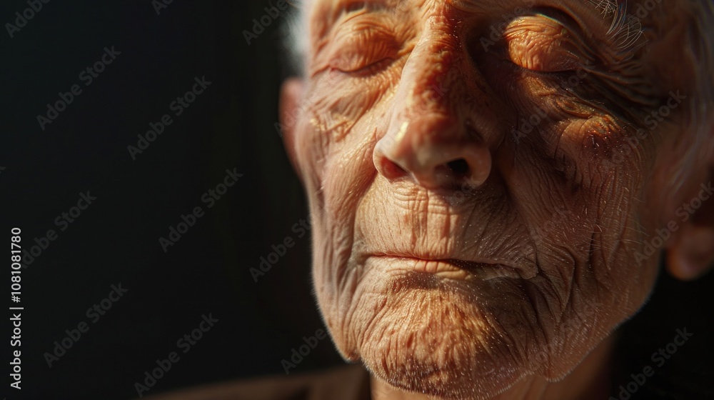 Close-Up of an Elderly Person with a Serene Expression and Eyes Shut